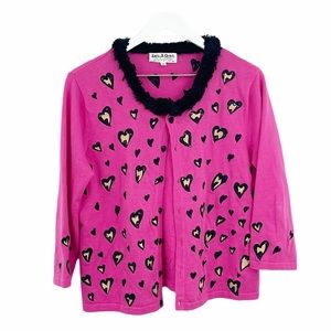 Vintage Y2K Legally Blonde Faux Fur Collar Heart Pink Cardigan Sweater SZ M